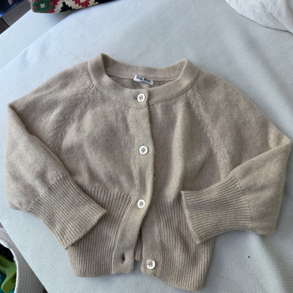 Miu Miu cropped Taupe Button-Front Wool Cardigan